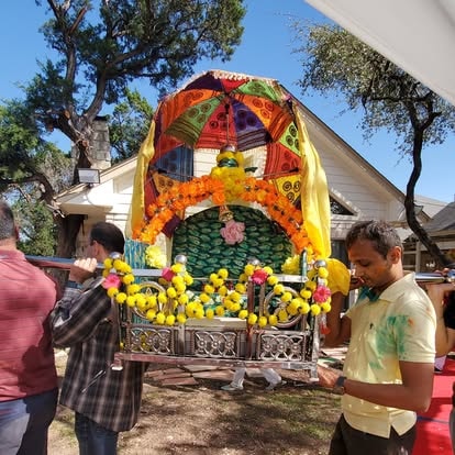 Devotees on group boat tour pilgrimage at ISKCON Cedar Park