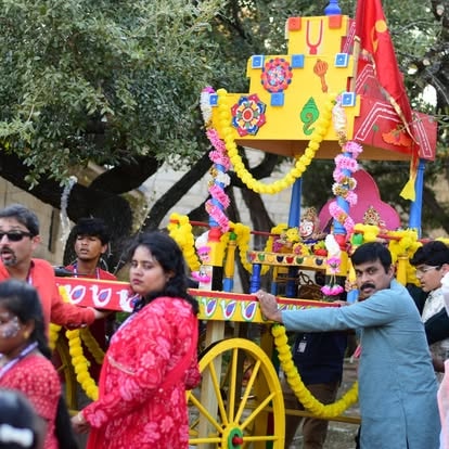 Colorful festival cart with flower garlands at ISKCON Cedar Park