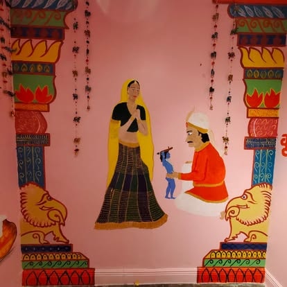 Traditional Indian folk art mural display at ISKCON Cedar Park